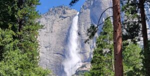 Upper Yosemite Falls with a big waterfall flowing